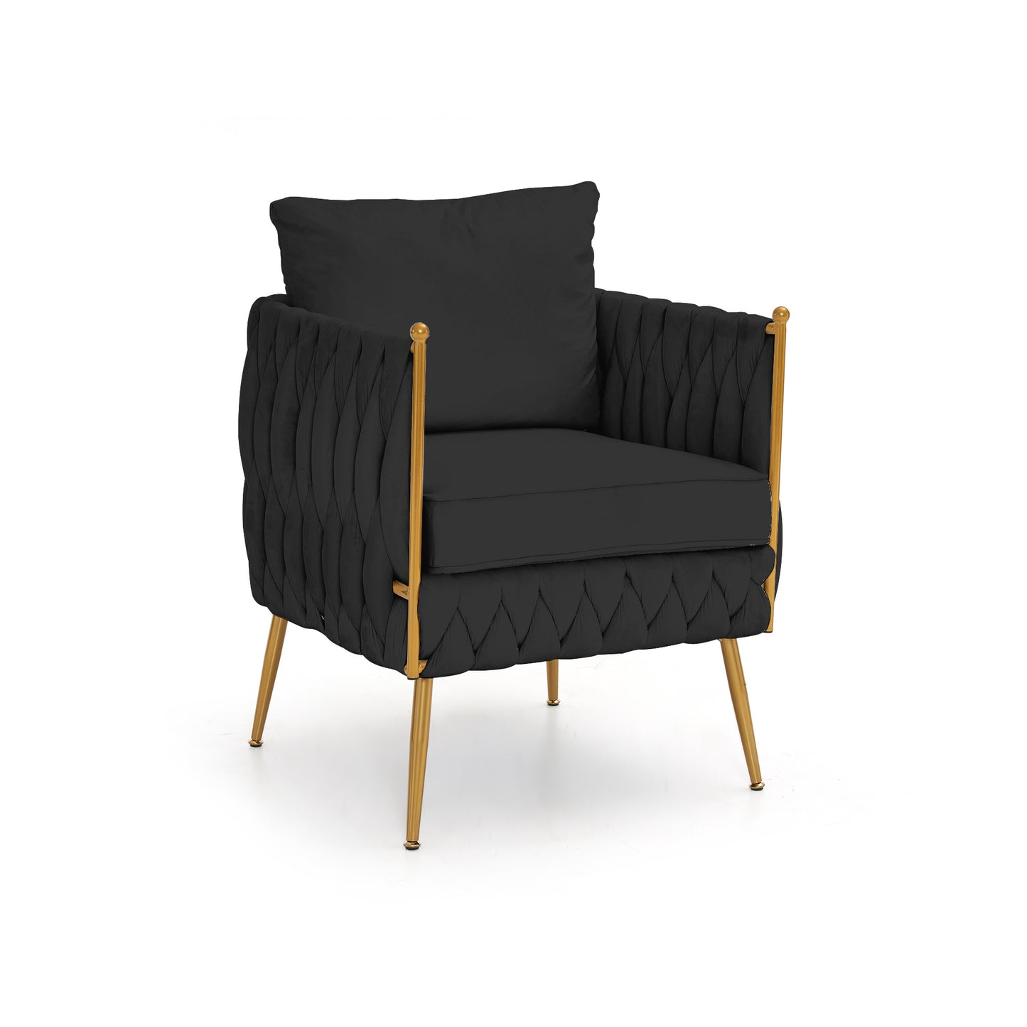 Modern Comfy Handmade Bucket Woven Velvet Accent Chair Arm Chair, Fluffy Tufted Upholstered Single Sofa Chair for Living Room, Bedroom, Office, Waiting Room, Black Velvet