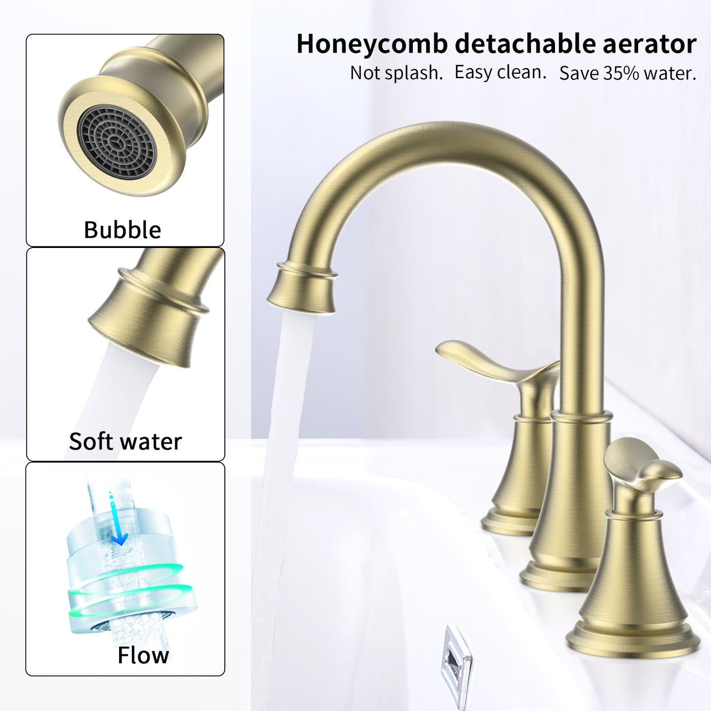 Luxury Brushed Gold 3-Hole Bathroom Sink Faucet with Swivel Spout