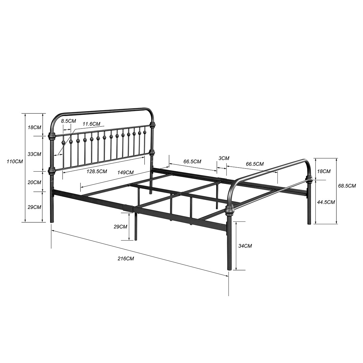 86.4" L X 59.6" W X 44"H Metal Bed Frame Queen Size Standerd Bed Frame - BLACK