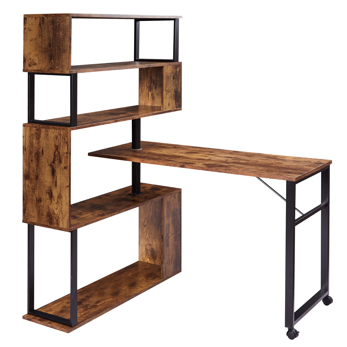 Modern L-Shaped Computer Desk with Rotating Bookshelf - Brown Tiger Wood