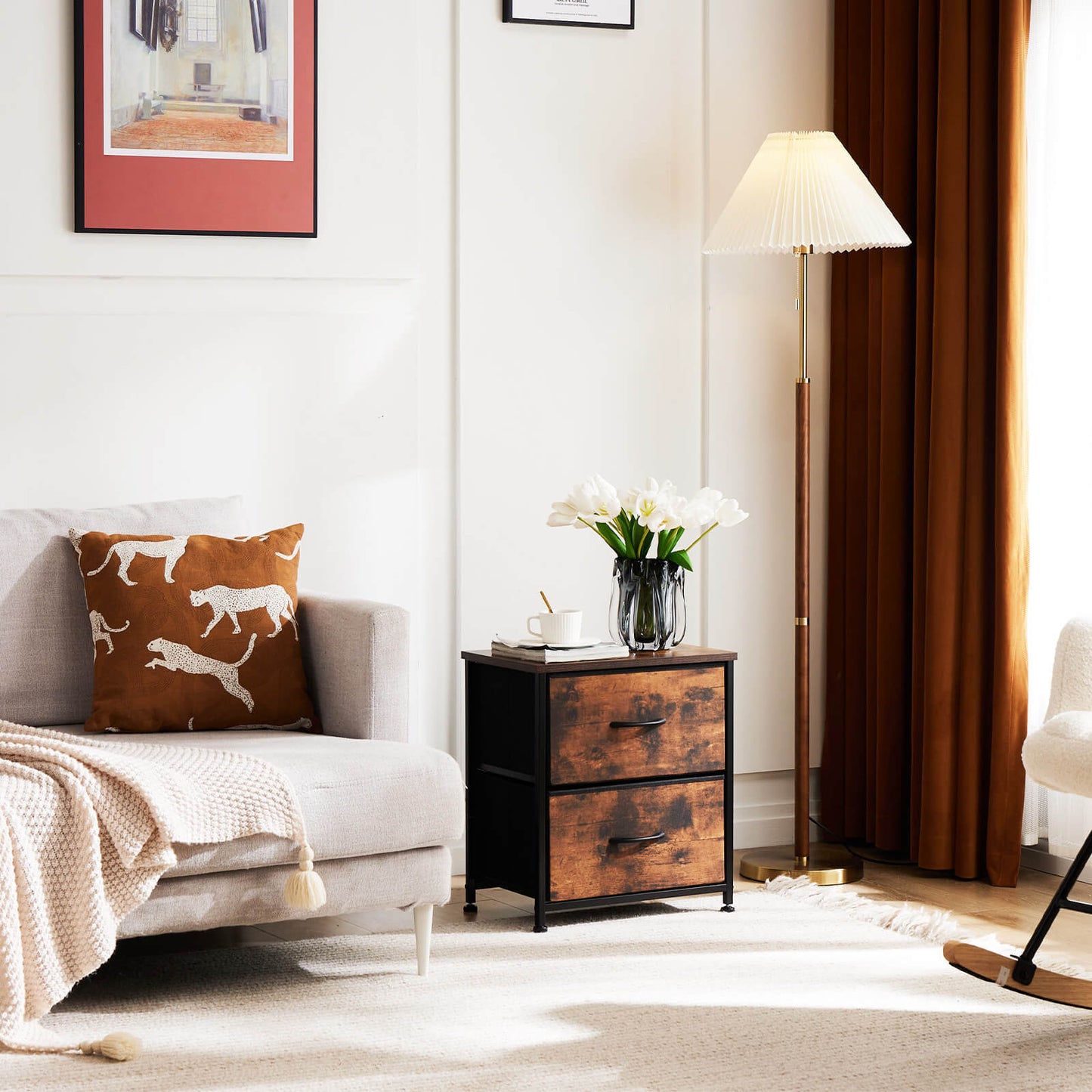 Brown Wood Top Dresser with Metal Frame and Fabric Drawers