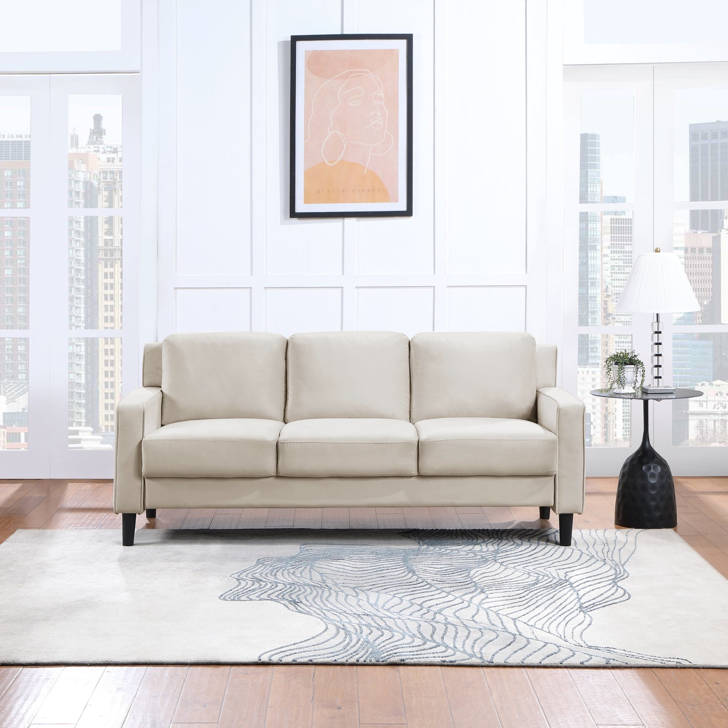 Timeless Beige Velvet Mid-Century Modern 3 Seater Sofa