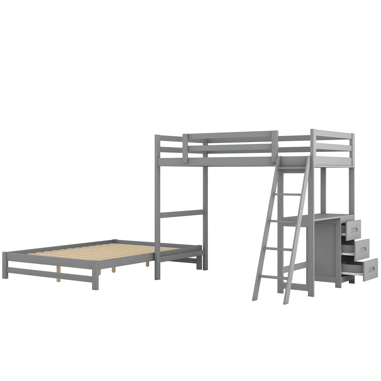 Grey Twin over Full Bunk Bed with Desk and Storage