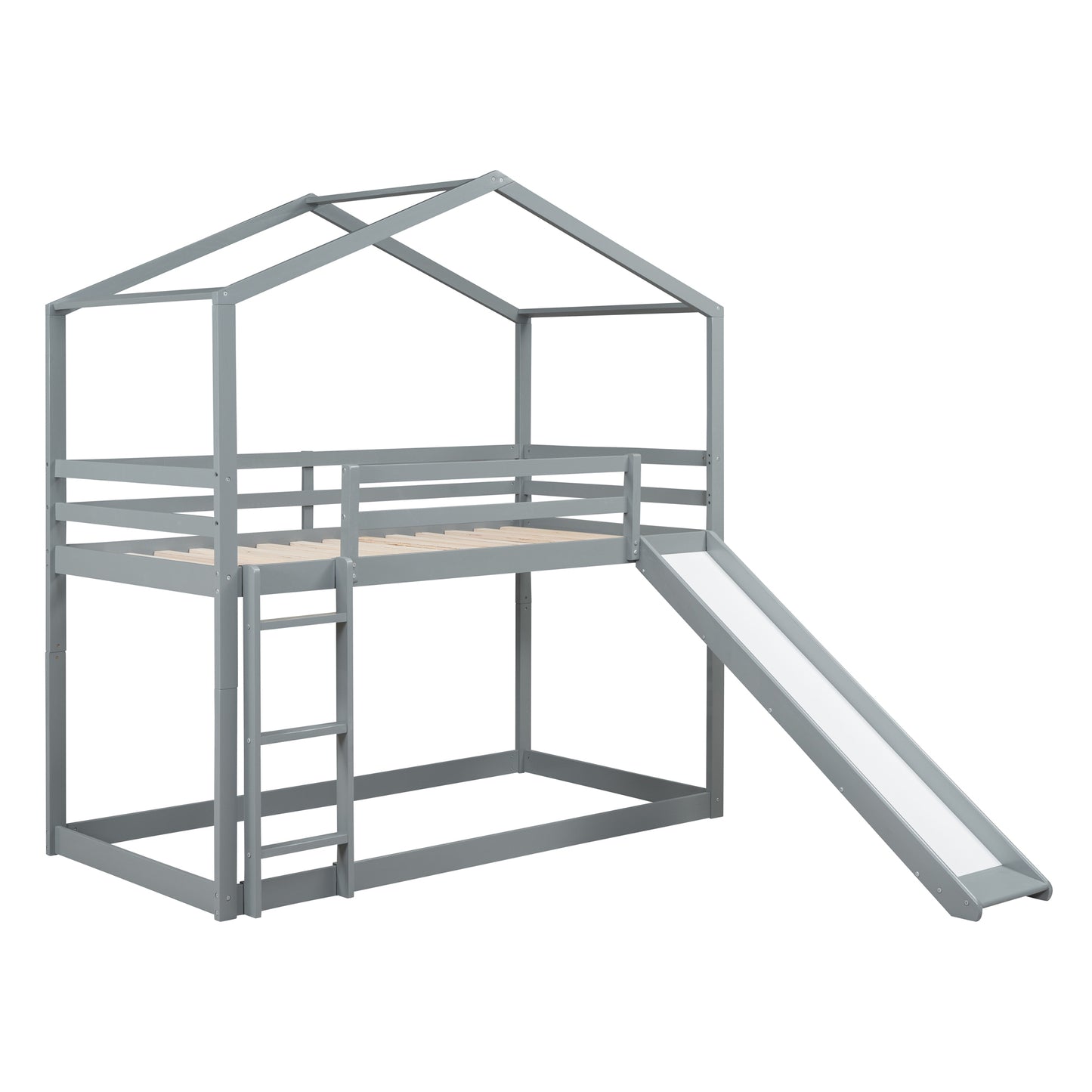 House-Themed Twin Bunk Bed with Slide, Roof, and Ladder for Kids