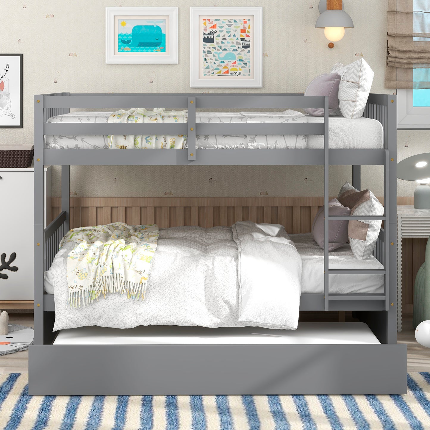 Convertible Grey Full Over Full Bunk Bed with Trundle