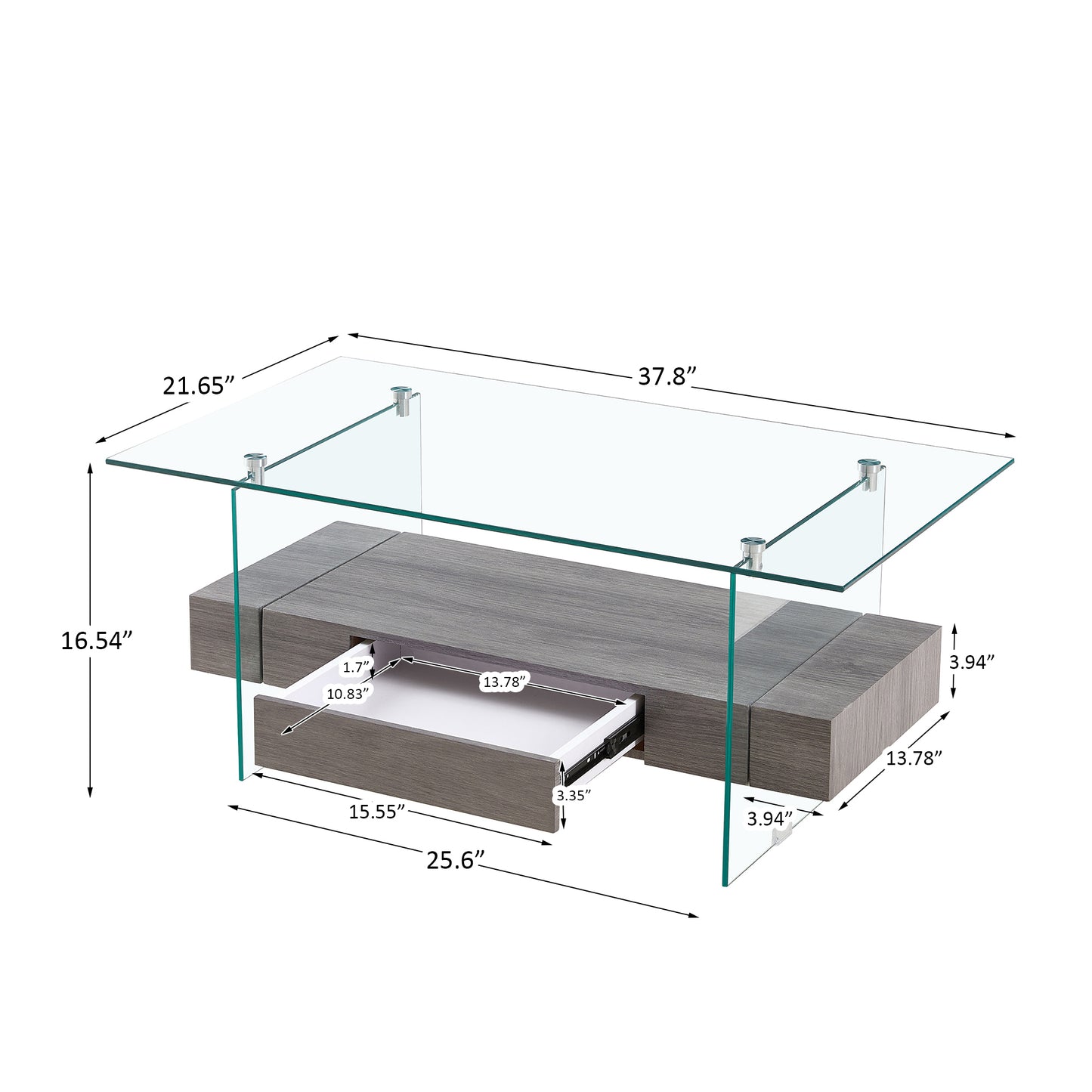 Modern Gray and Transparent Tempered Glass Coffee Table with Storage功能 and Non-Slip Legs