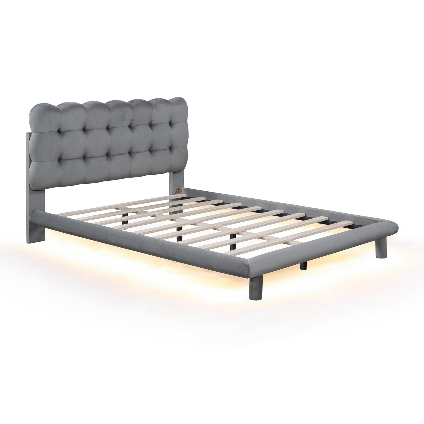 Full Size Velvet Platform Bed with LED Frame, Thick & Soft Fabric and Button-tufted Design Headboard, Gray