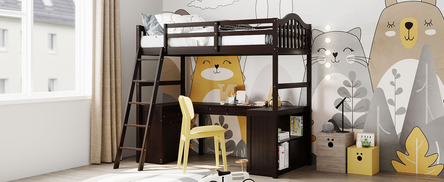 Twin size Loft Bed with Drawers, Cabinet, Shelves and Desk, Wooden Loft Bed with Desk - Espresso( :LT000505AAP)