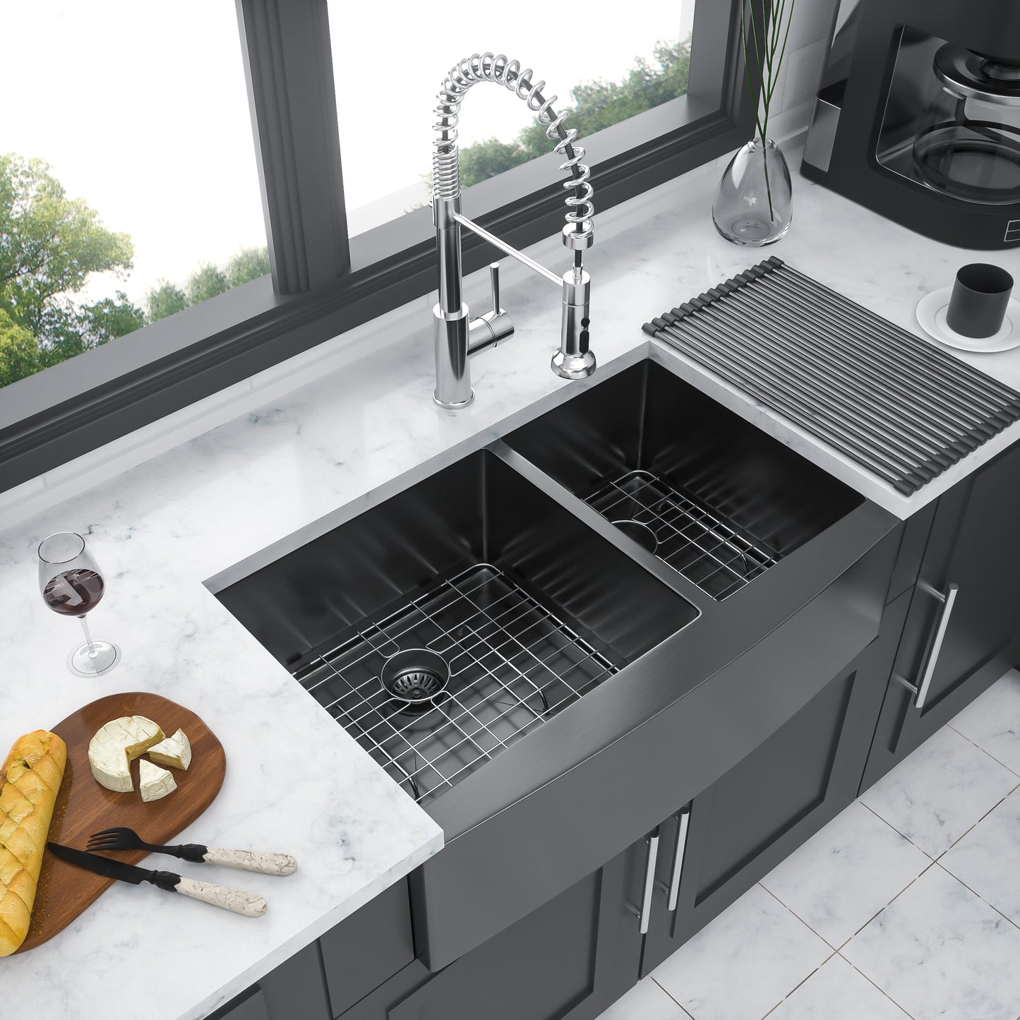 Gunmetal Black Double Bowl Farmhouse Kitchen Sink - 33x21x10 Stainless Steel Apron Front Sink with Two 10 Deep Basins