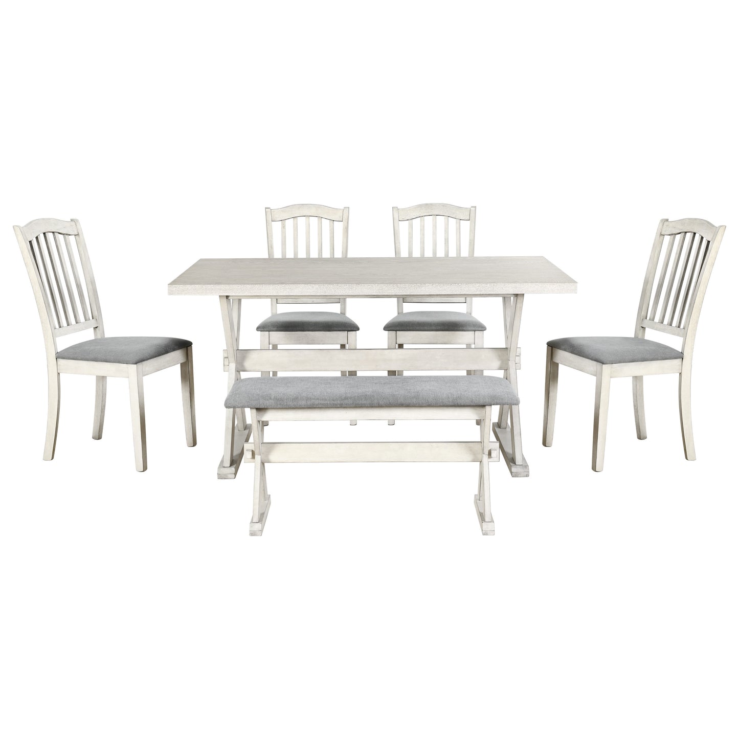 TREXM 6-Piece Rustic Dining Set, Rectangular Trestle Table and 4 Upholstered Chairs & 1 Bench for Dining Room (White Washed)