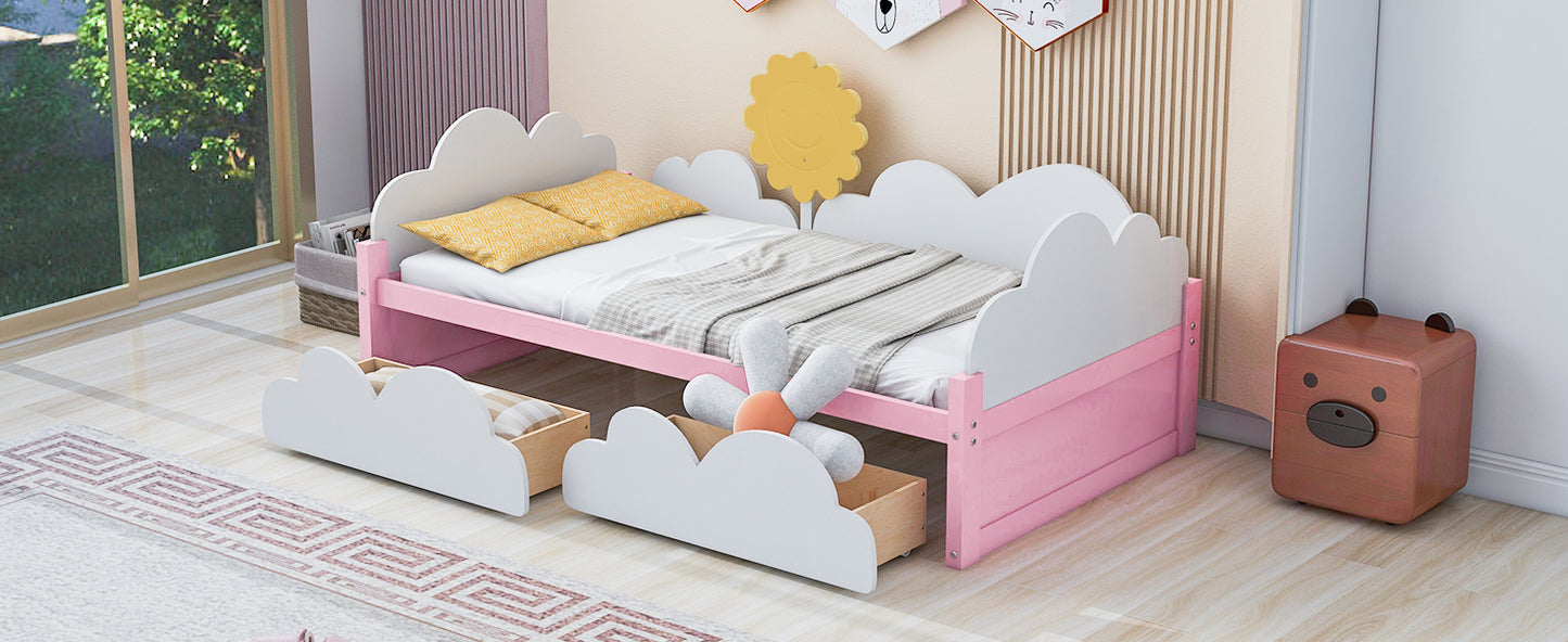 Twin Size Bed with Clouds and Sun Decor, Platform Bed with 2 Drawers (White+Pink)