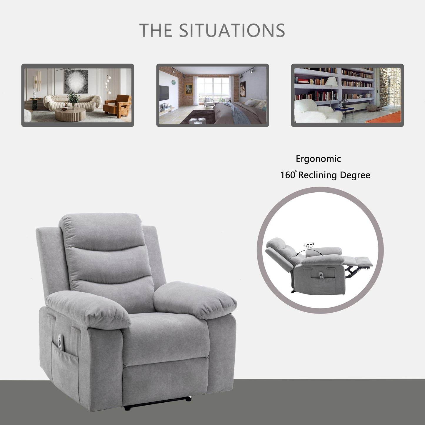 Adjustable Massage Power Recliner Chair with Heating System - Light Gray