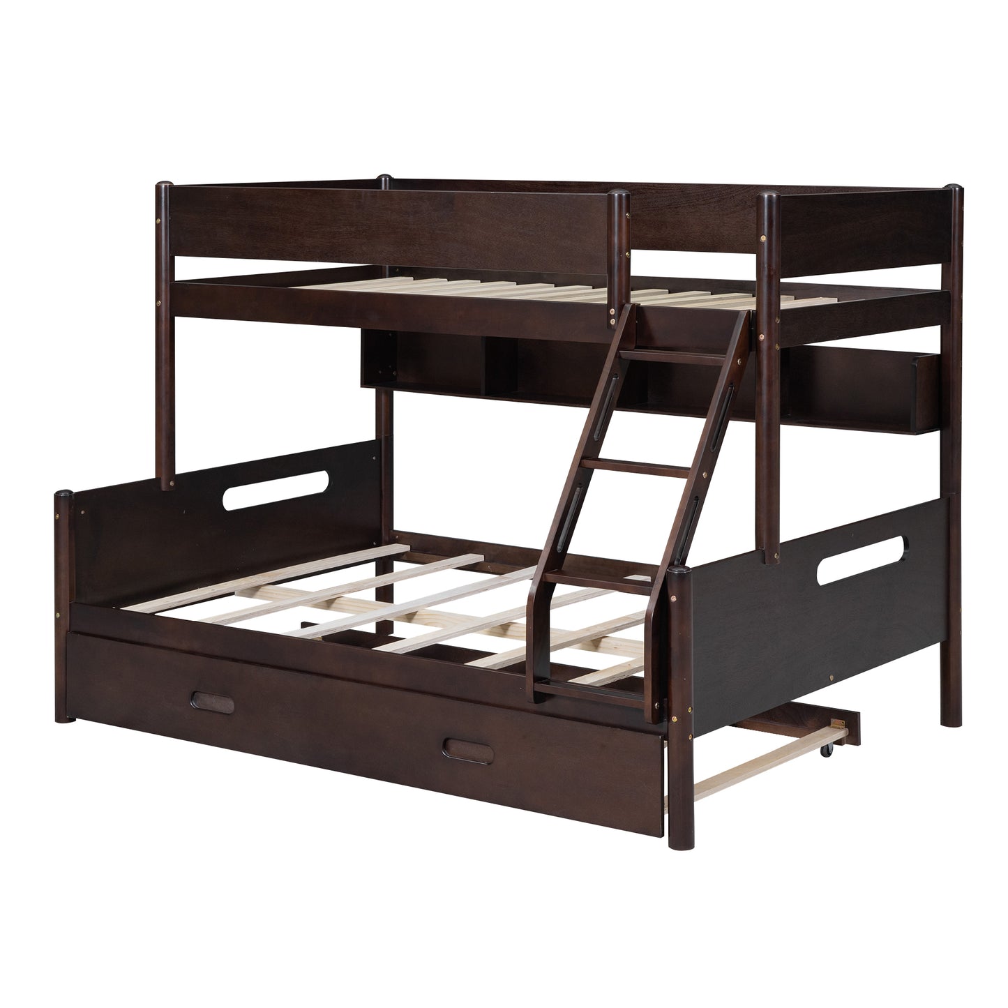 Espresso Wood Bunk Bed with Twin Over Full, Storage Shelves, Trundle, and Sturdy Construction