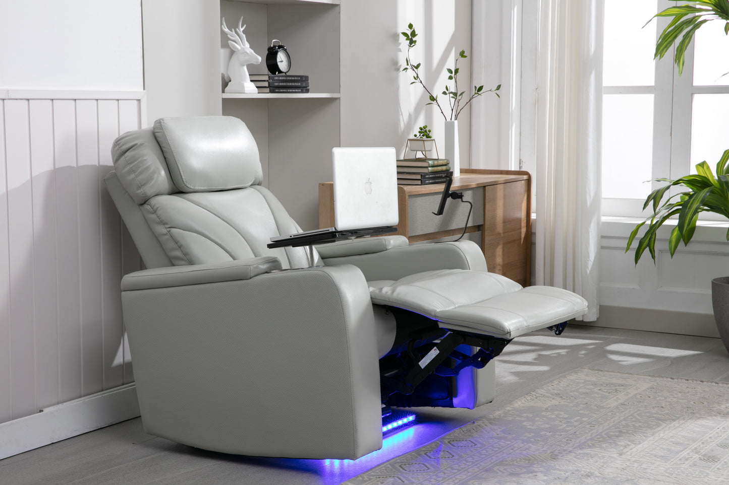 Ergonomic Power Motion Recliner with USB Charging and Hidden Storage, Home Theater Seating with Stereo and Cup Holder (Light Grey)