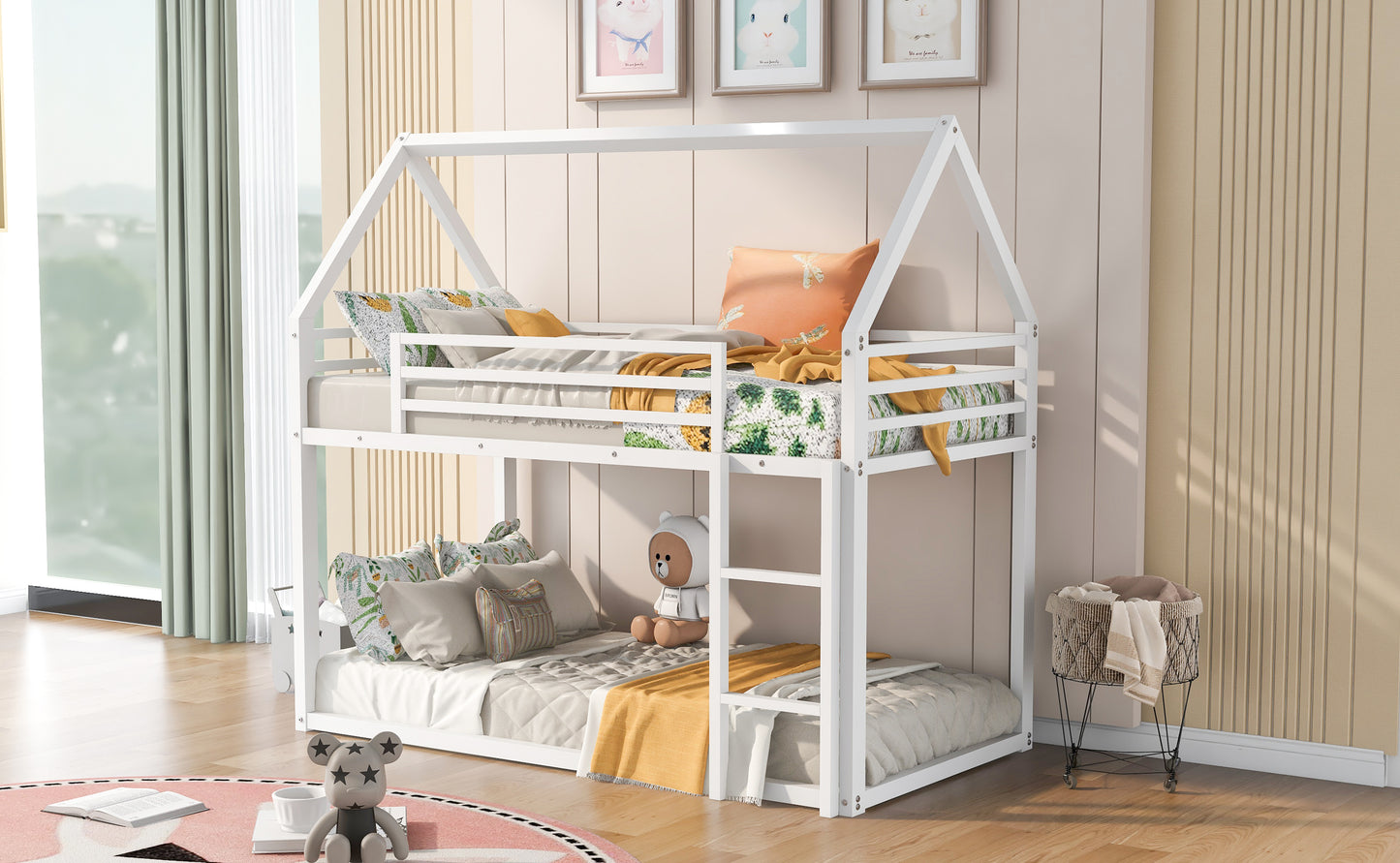 Whimsical White Twin House Bunk Bed with Slide and Built-in Ladder