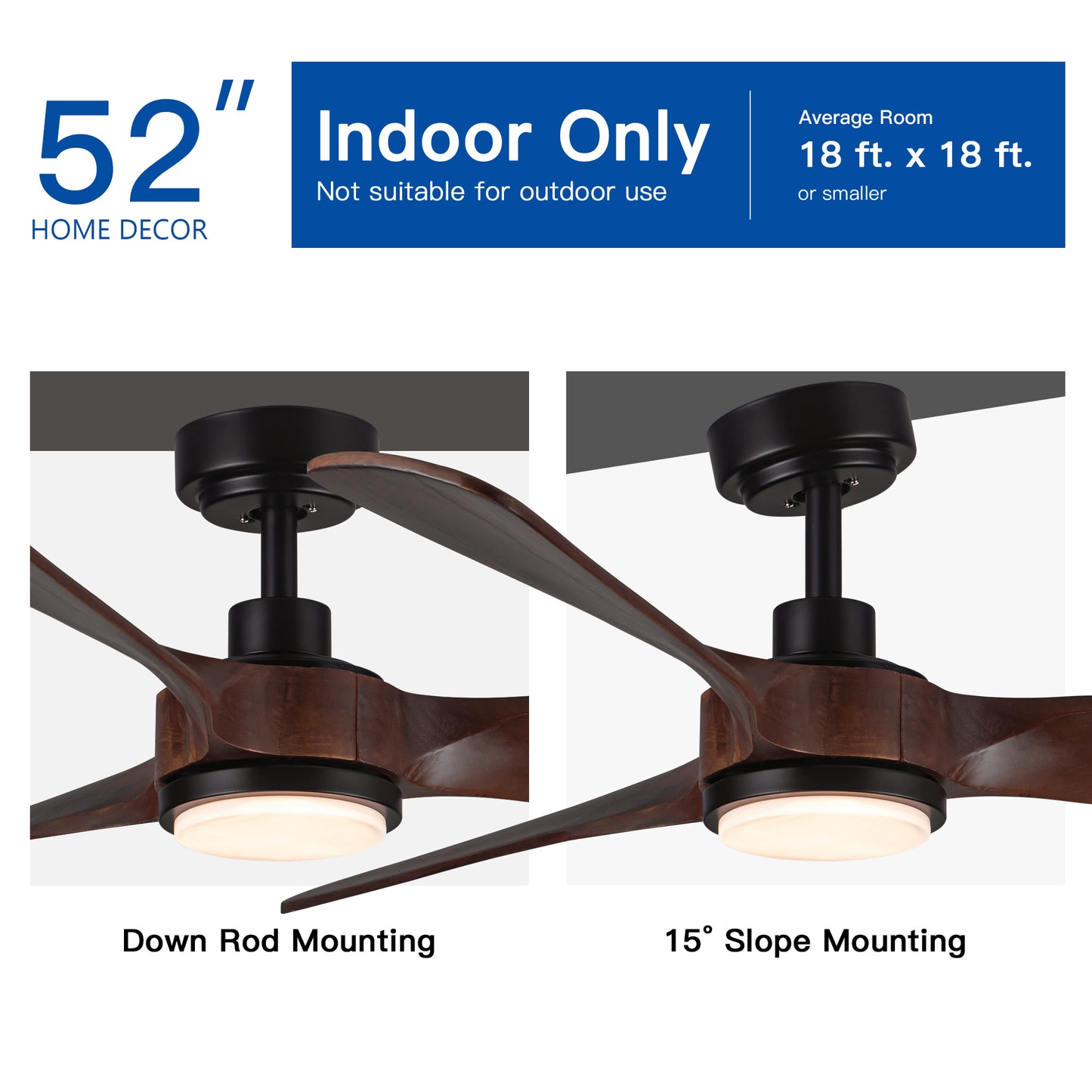 52-inch Dark Brown Wood Ceiling Fan with LED Light Kit and Remote Control