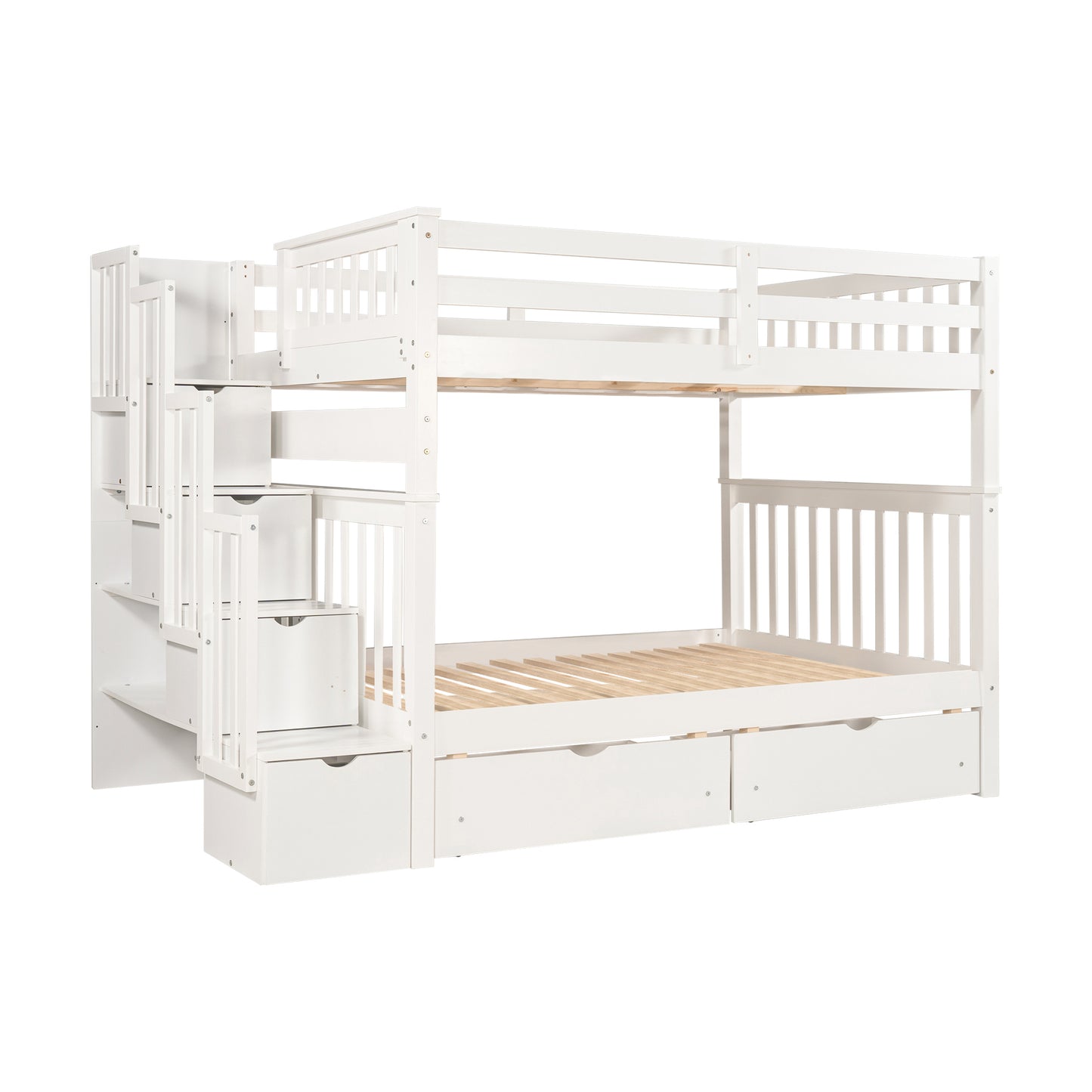 White Twin Over Twin Bunk Bed with Shelves and 6 Storage Drawers