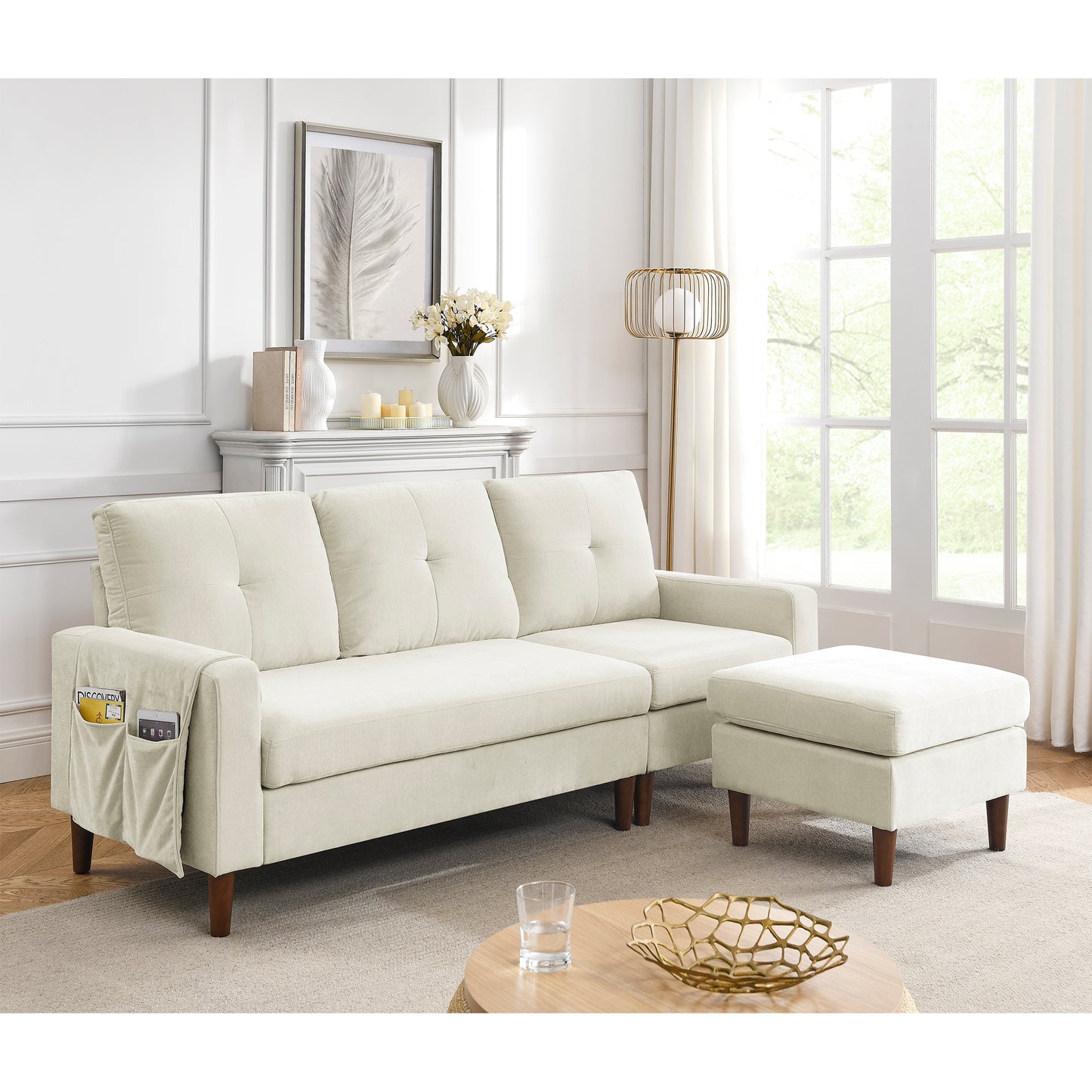 80 Convertible L-Shaped Sectional Sofa with Reversible Chaise and Removable Cushions, Beige Chenille