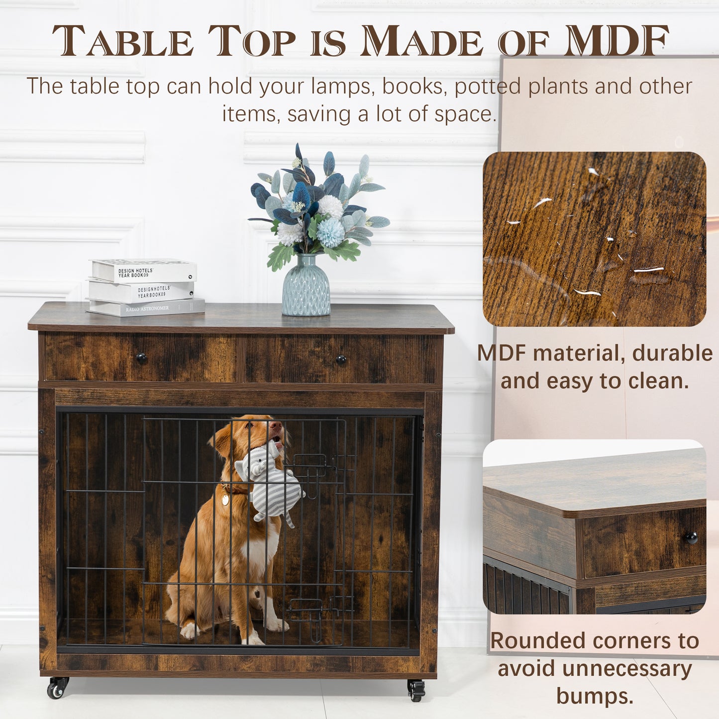 Dog Crate Furniture, Wooden Dog Crate End Table, 38.4 Inch Dog Kennel with 2 Drawers Storage, Heavy Duty Dog Crate, Decorative Pet Crate Dog Cage for Large Indoor Use (Rustic Brown) 38.4" L×23.2" W×35