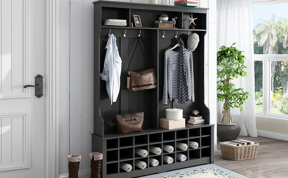 Modern Style Multiple Functions Hallway Coat Rack with Metal Black Hooks, Entryway Bench 60" Wide Hall Tree with Ample Storage Space and 24 Shoe Cubbies , Black