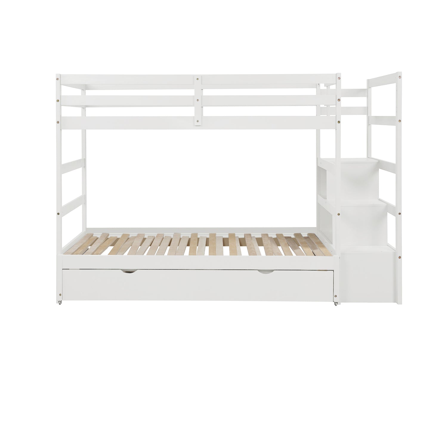 Convertible Storage Bunk Bed with Trundle, Stairs, and Versatile Design (White)