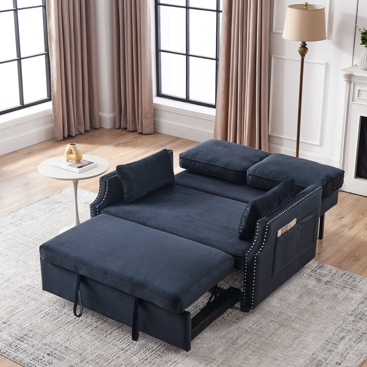 50 Velvet Sleeper Sofa Bed with Side Storage Pockets and Nailhead Design, 2-Seater Sofa with 2 Pillows and Removable Backrest