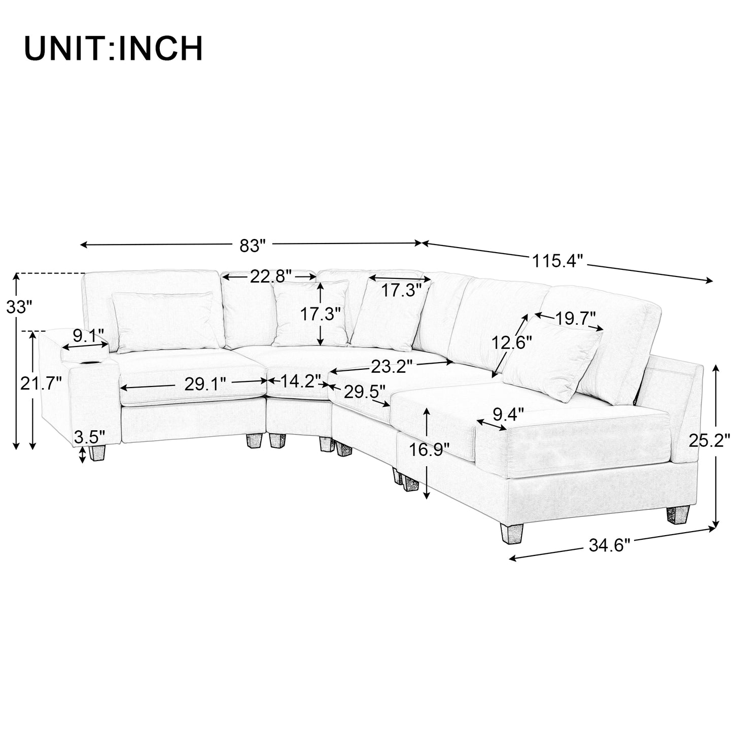 U_Style Stylish Modular Sofa Sectional with Polyester Upholstery with 4 Pillows, 1 Cup Holder with Free Combination for Living Room