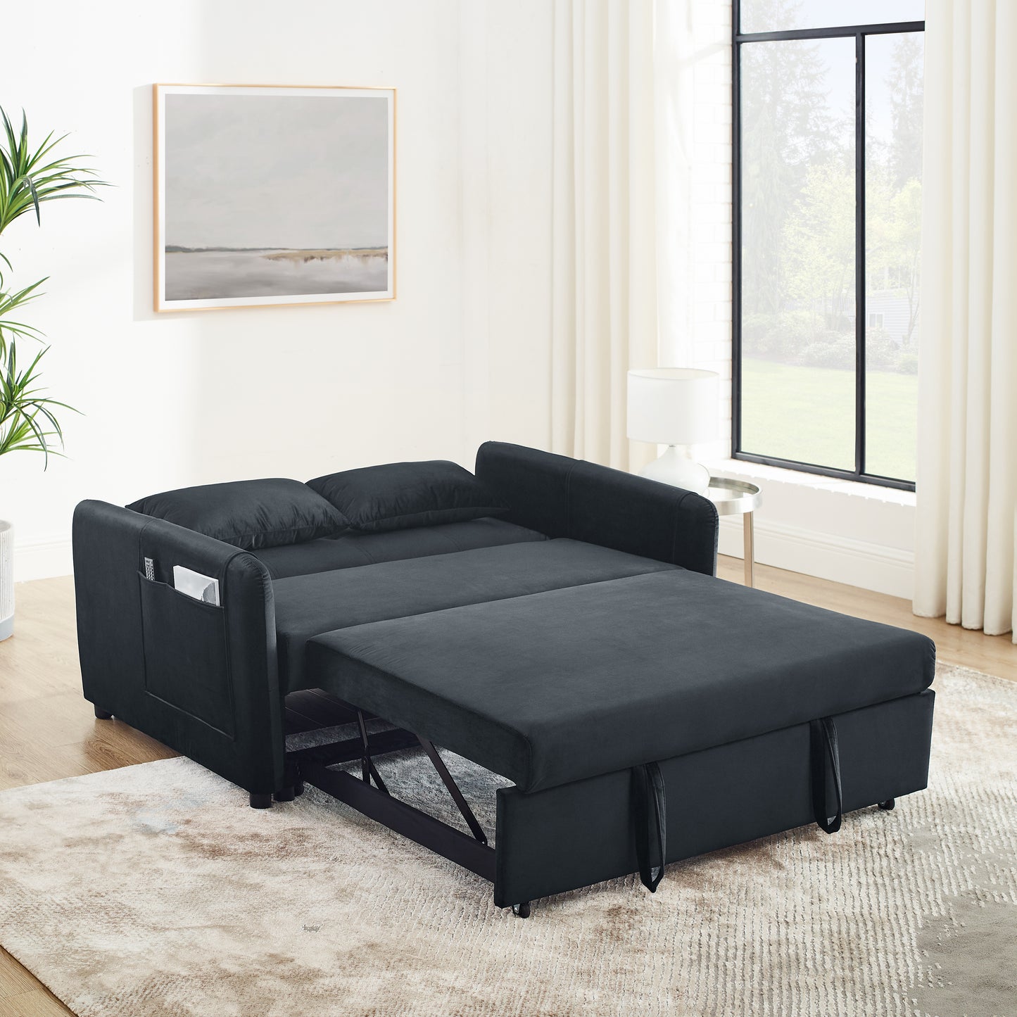 Convertible Sofa Bed, 3-in-1 Versatile Velvet Double Sofa with Pullout Bed, Seat with Adjustable Backrest, Lumbar Pillows, and Living Room Side Pockets, 54 Inch, Black