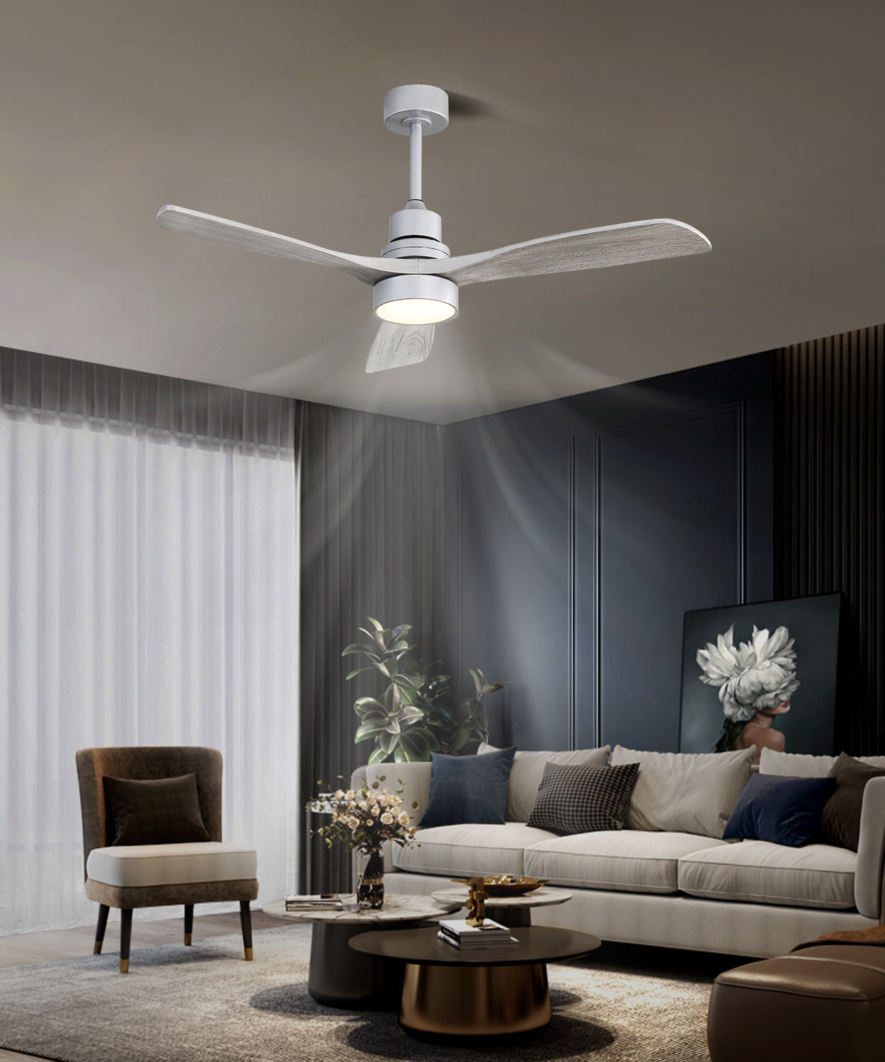 52 Inch Silver Wood Blade Ceiling Fan with Remote Control