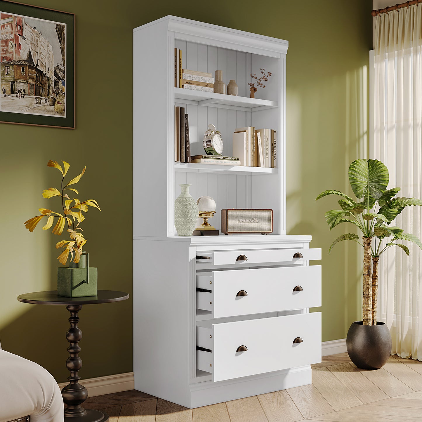 Modern White 83.4 Bookshelf and Writing Desk Suite with LED Lighting and Drawers