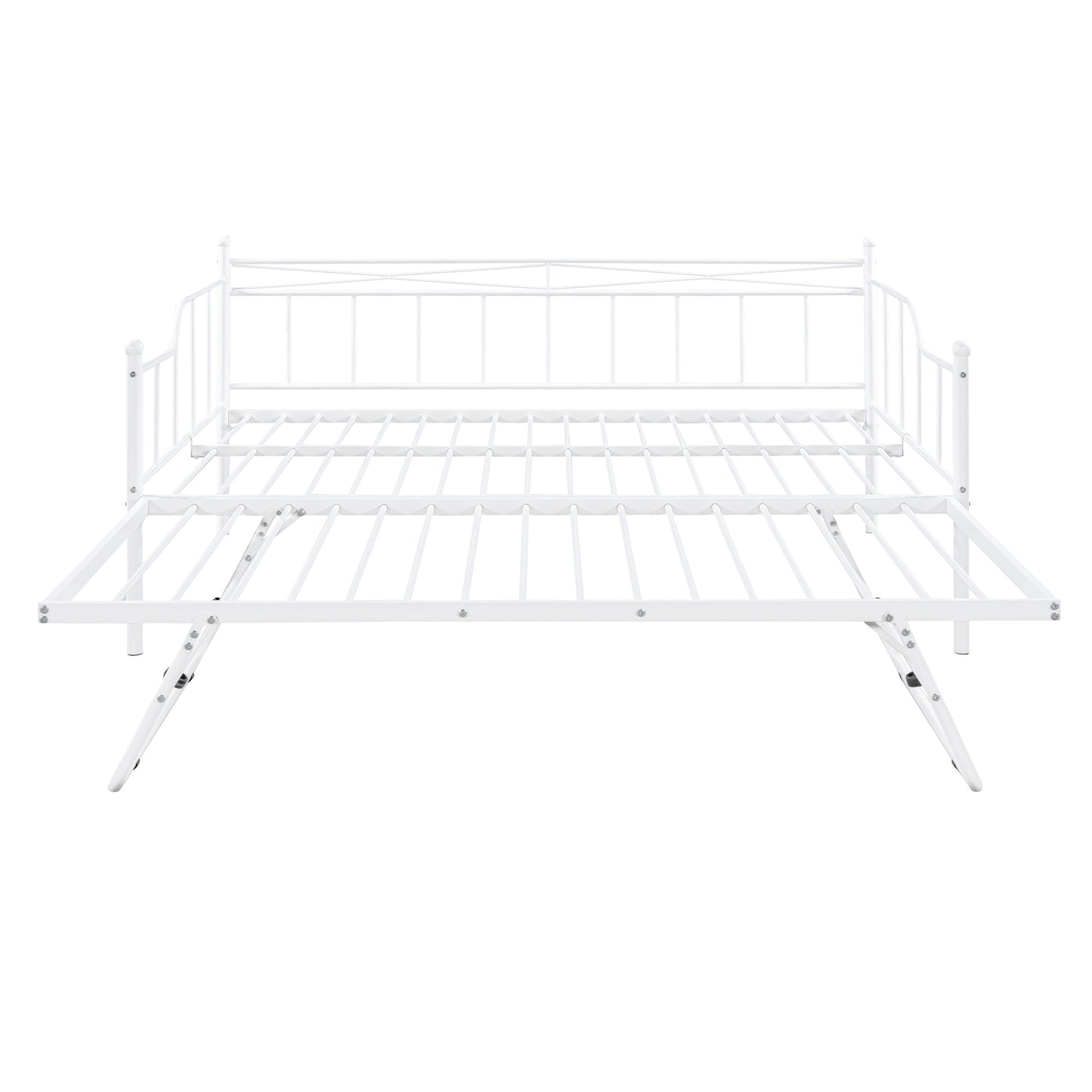 Full Size Metal Daybed with Twin Size Adjustable Trundle, Portable Folding Trundle, White