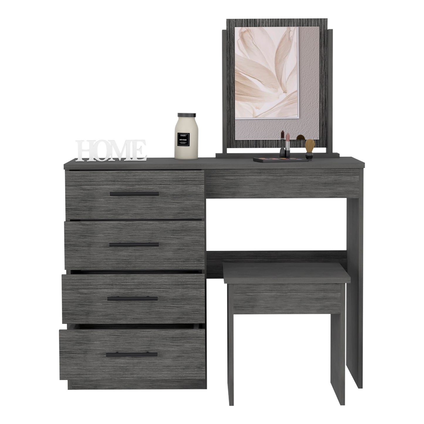 Kaia Makeup Vanity, Four Drawers, One Mirror, Stool -Smokey Oak