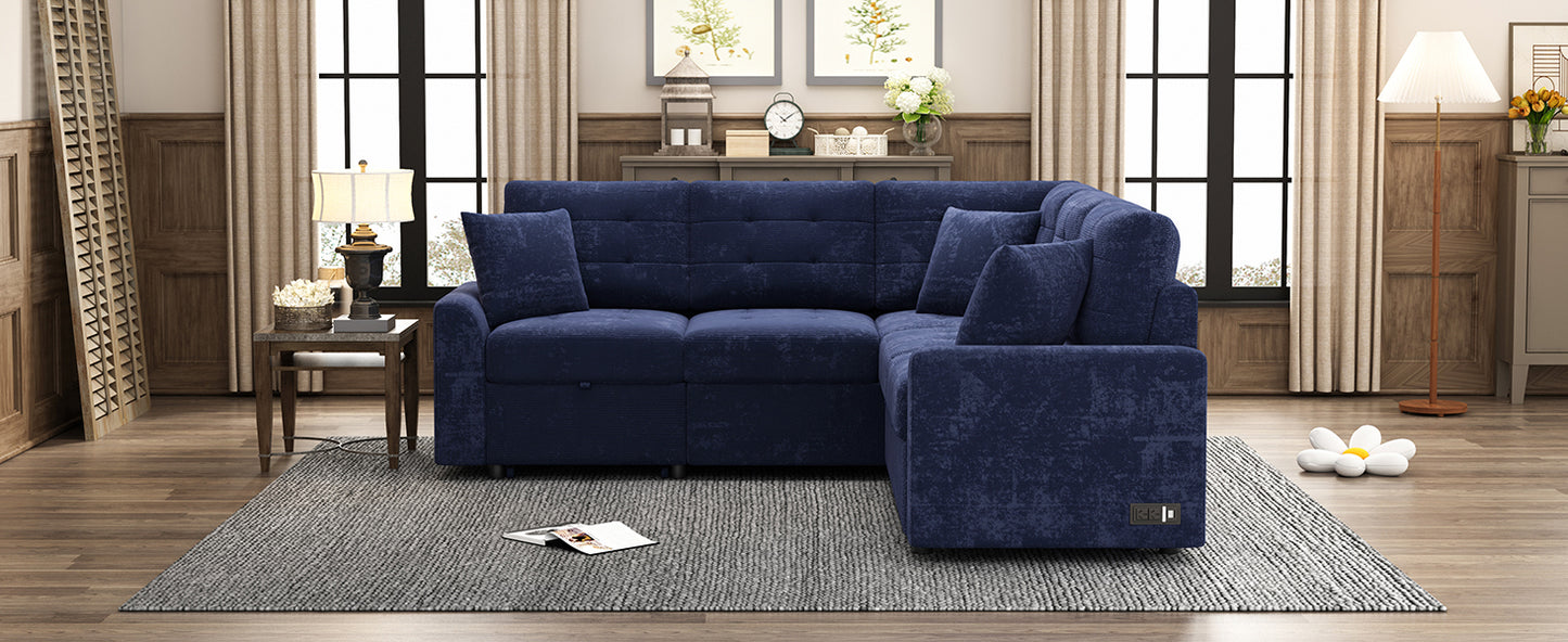 Convertible Navy Blue L-Shape Sleeper Sofa with USB Ports and Power Sockets