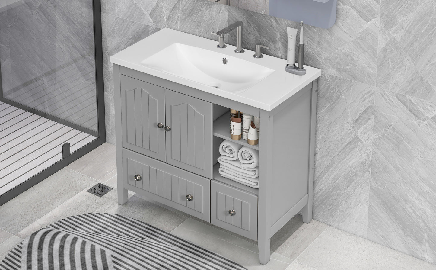 36" Bathroom Vanity with Ceramic Basin, Bathroom Storage Cabinet with Two Doors and Drawers, Solid Frame, Metal Handles, Grey