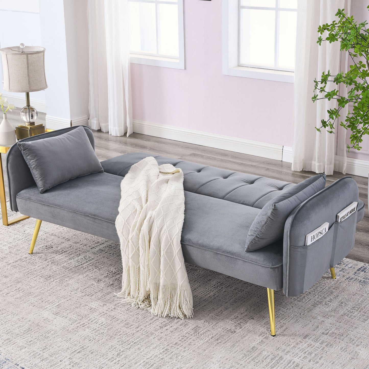 Adjustable Velvet Convertible Sofa Bed with Reversible Daybed