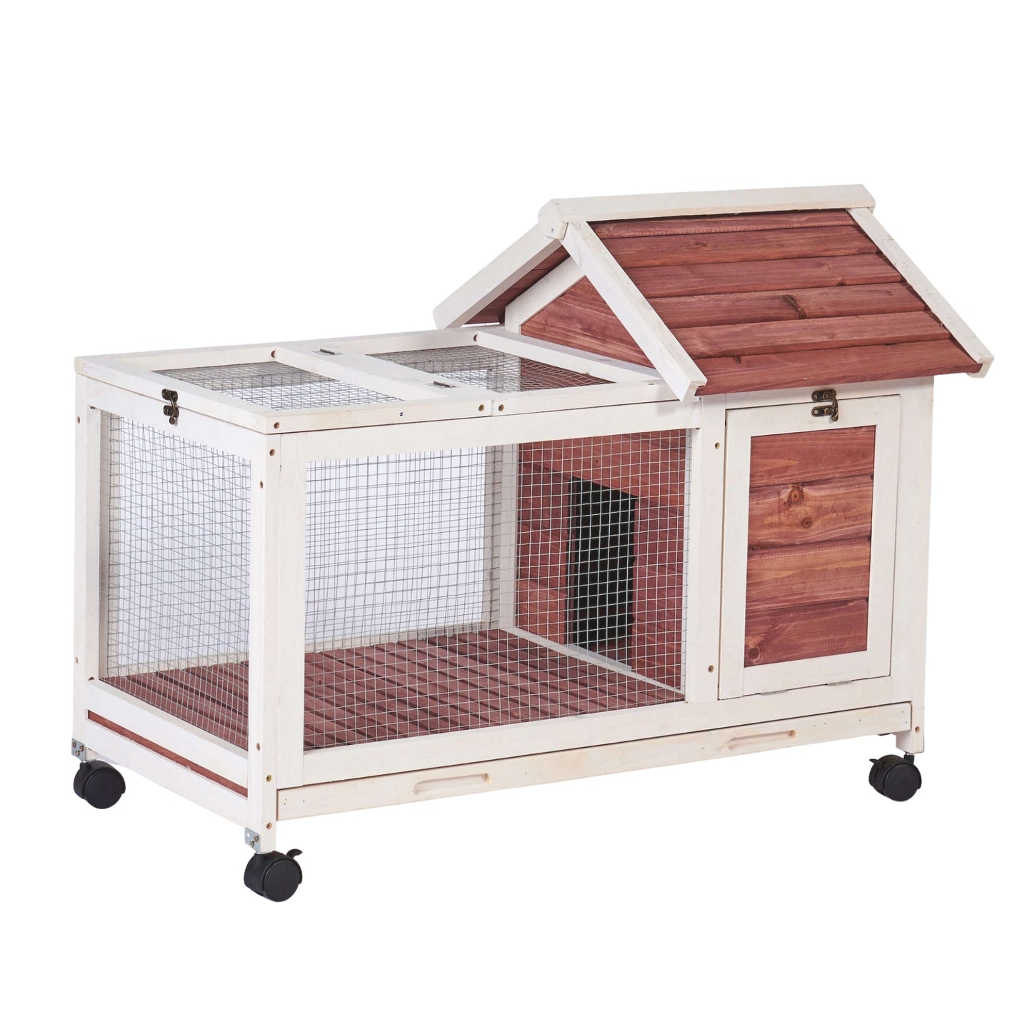 Wooden Rabbit Hutch 40.7" L x 23.4" W x 30" H, Bunny Cage with 4 Wheels, Auburn