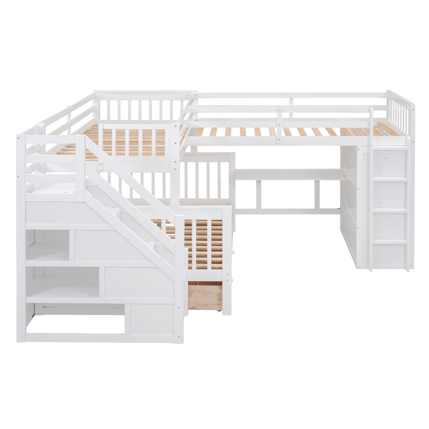 L-Shaped Bunk Bed Set with Desks, Wardrobe, Drawers, White - Space-Saving Sleepover Solution