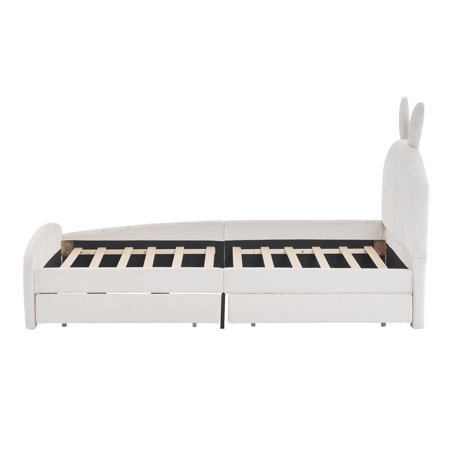 Twin Size Upholstered Platform Bed with Cartoon Ears Shaped Headboard and 2 Drawers, White