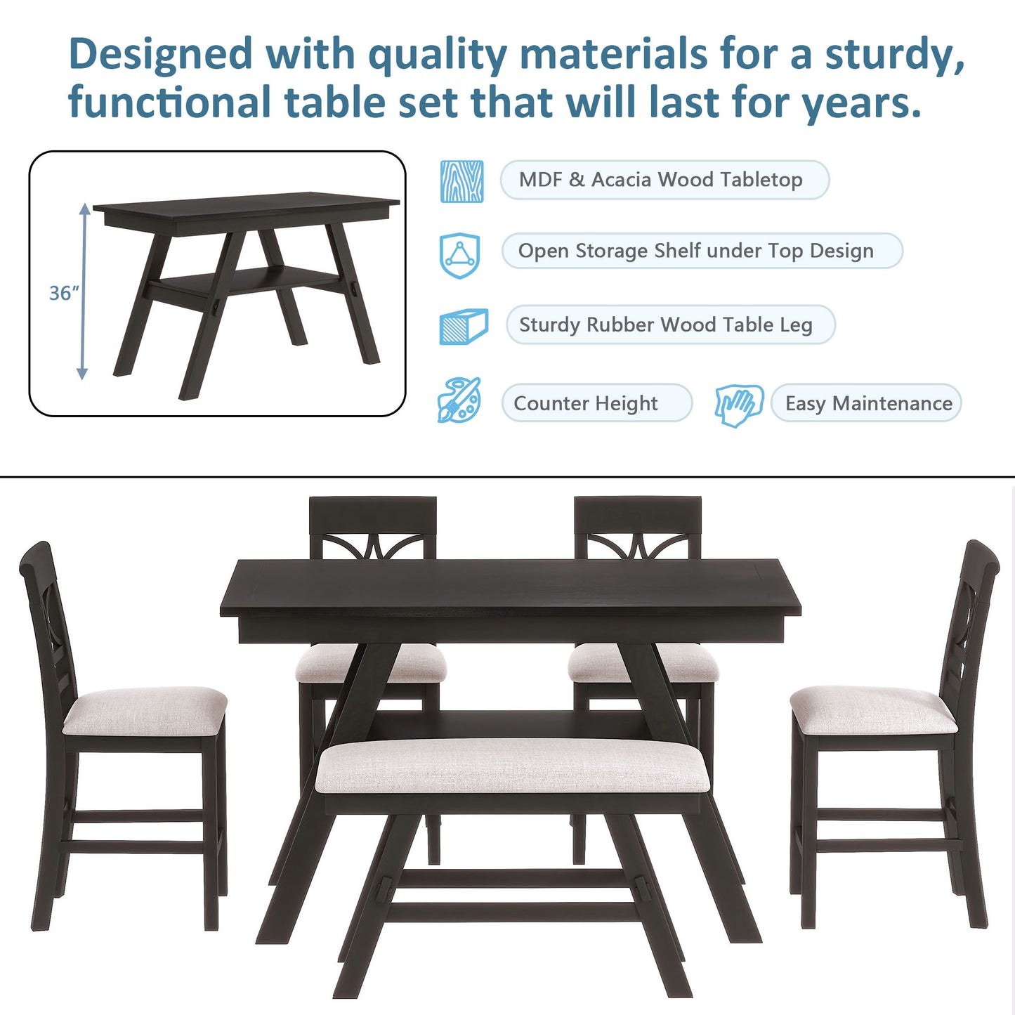 6-Piece Wood Counter Height Dining Table Set with Storage Shelf, Kitchen Table Set with Bench and 4 Chairs,Rustic Style,Espresso+Beige Cushion