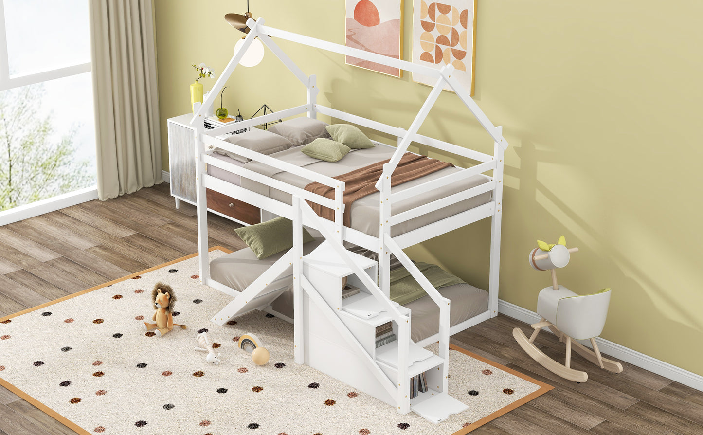 White Twin over Twin House Loft Bunk Bed with Slide, Staircase, Storage, and Play Area