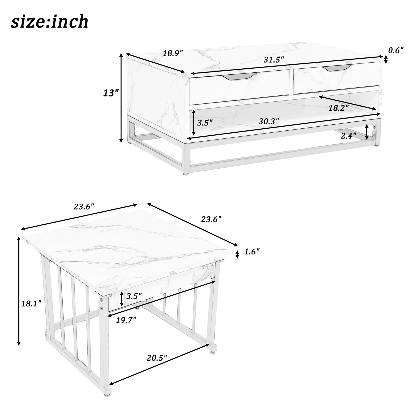 Elegant Marble Coffee Table Set with Metallic Finish and Storage Options