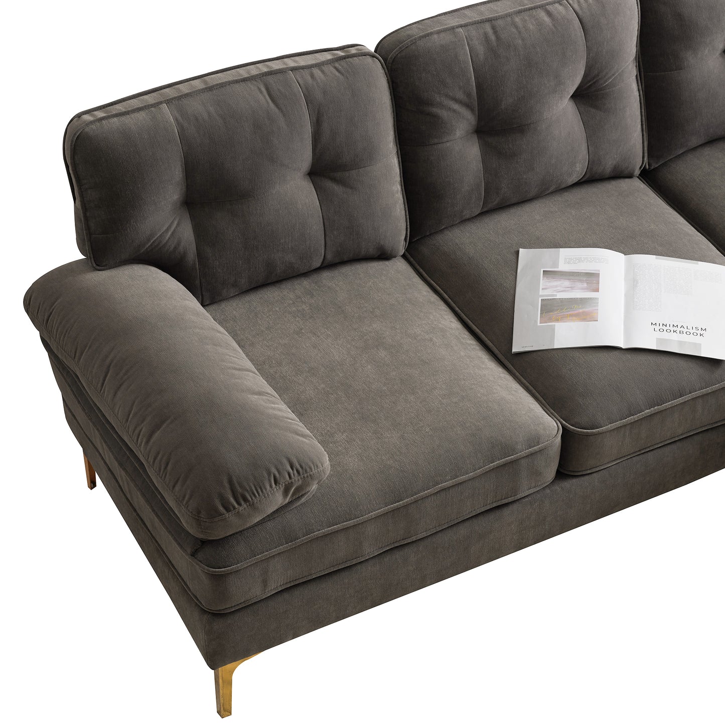 Luxurious Brown Velvet L-Shaped Modern Sectional Sofa for Living Room or Bedroom