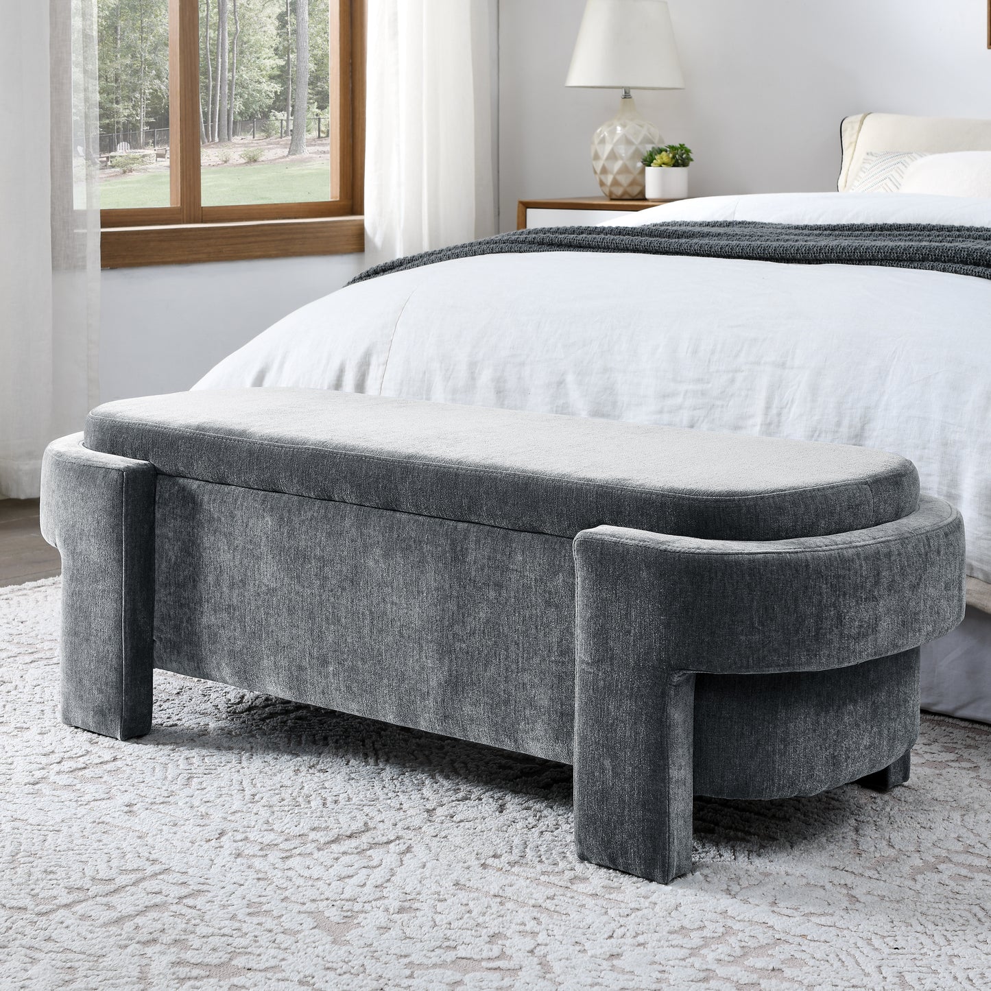 Chenille Upholstered Bench with Large Storage Space for the Living Room, Entryway and Bedroom,Grey,( 51.5''x20.5''x17'' )