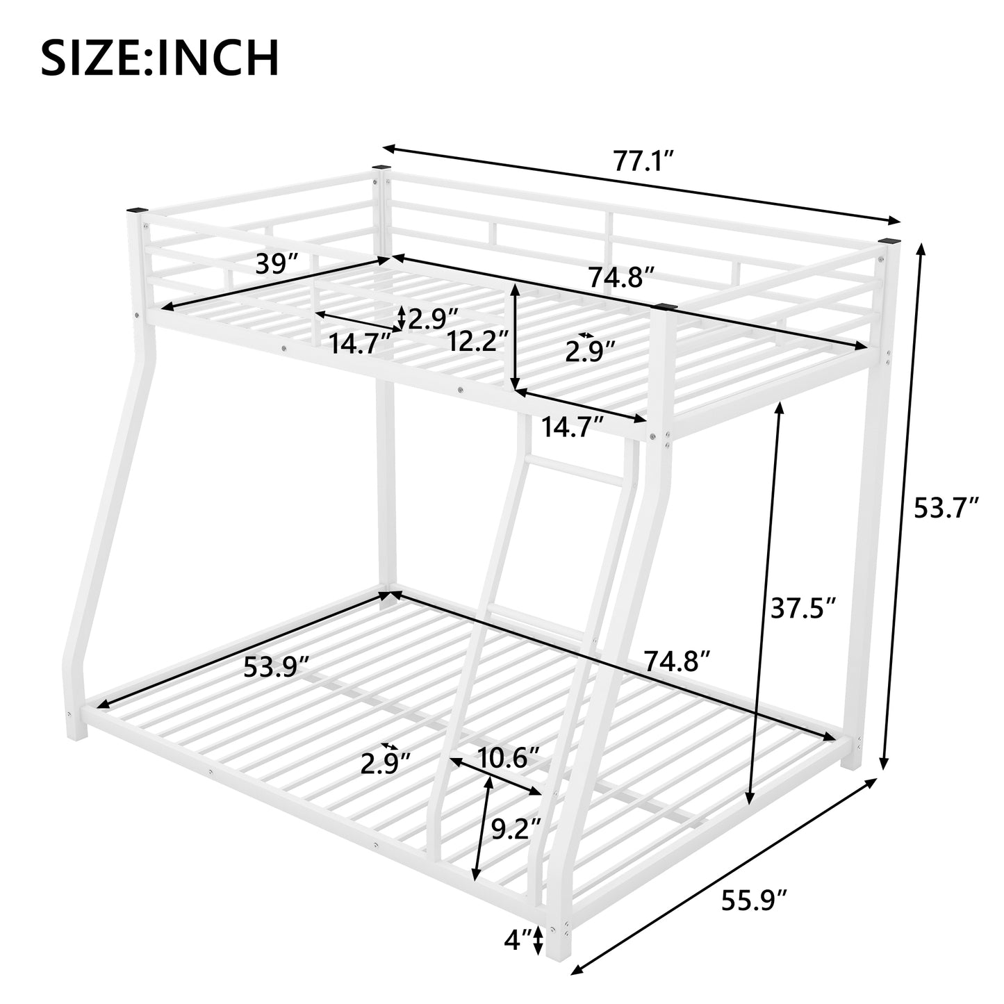 White Metal Bunk Bed with Sloping Stairs for Twin over Full Size