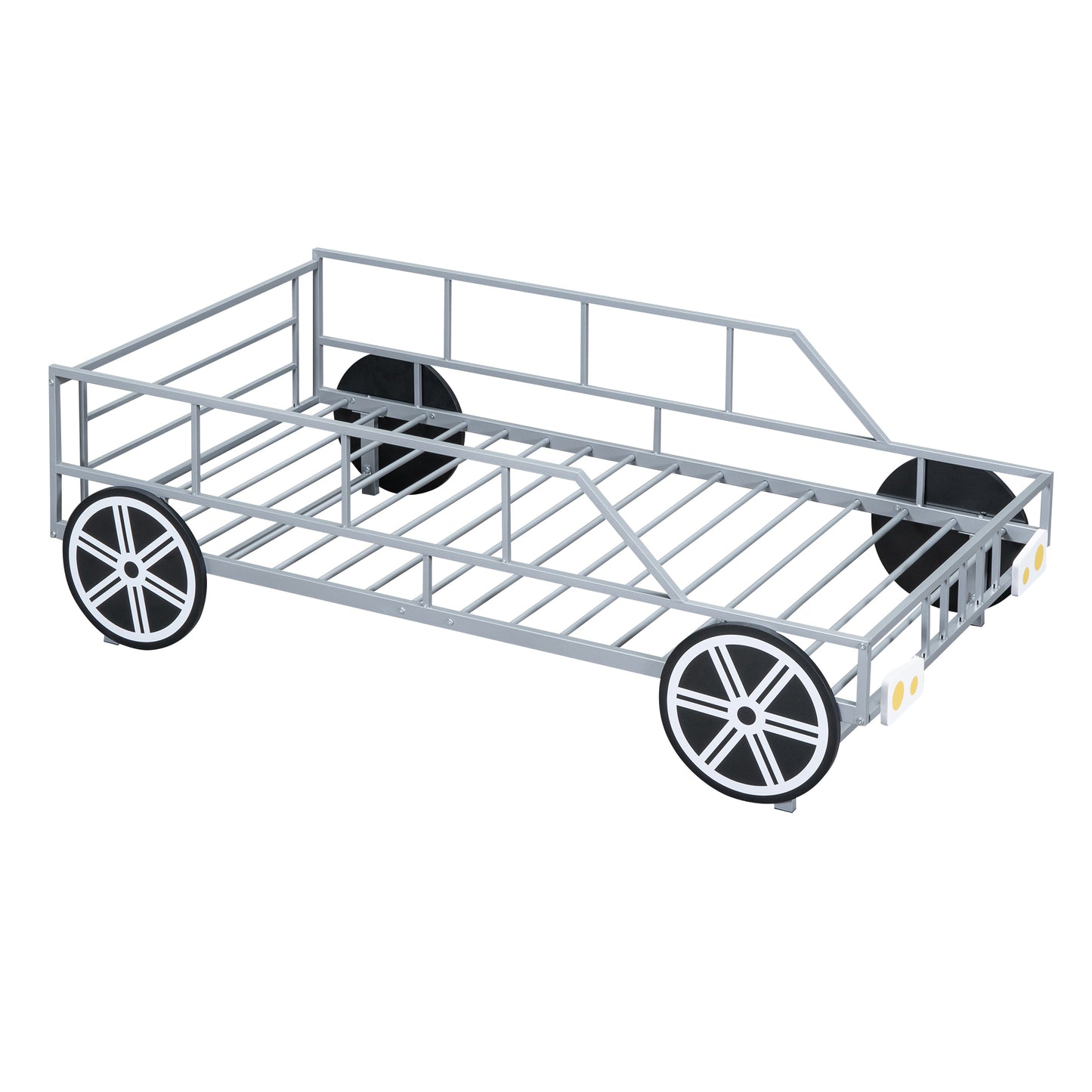 Metal Twin Size Car-shaped Platform Bed with Wheels and Headlights Decoration, Silver