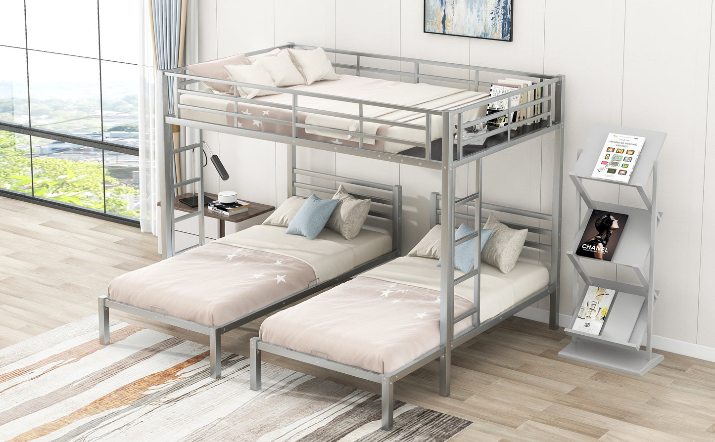 Space-Saving Silver Metal Triple Bunk Bed with Storage Shelf - Full over Twin & Twin Size