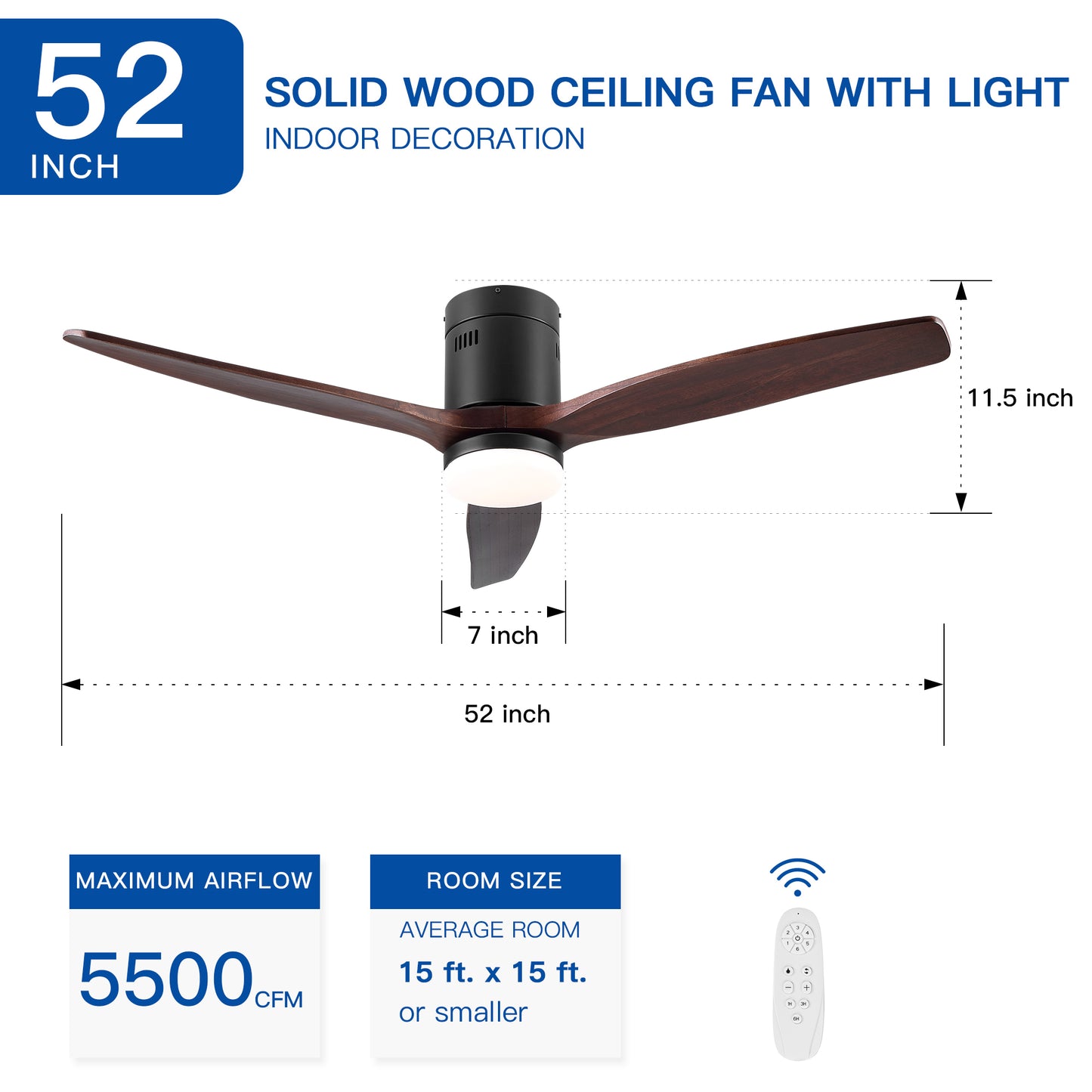 52 Inch Integrated LED Low Profile Ceiling Fan with Remote Control and Color-Changing Light