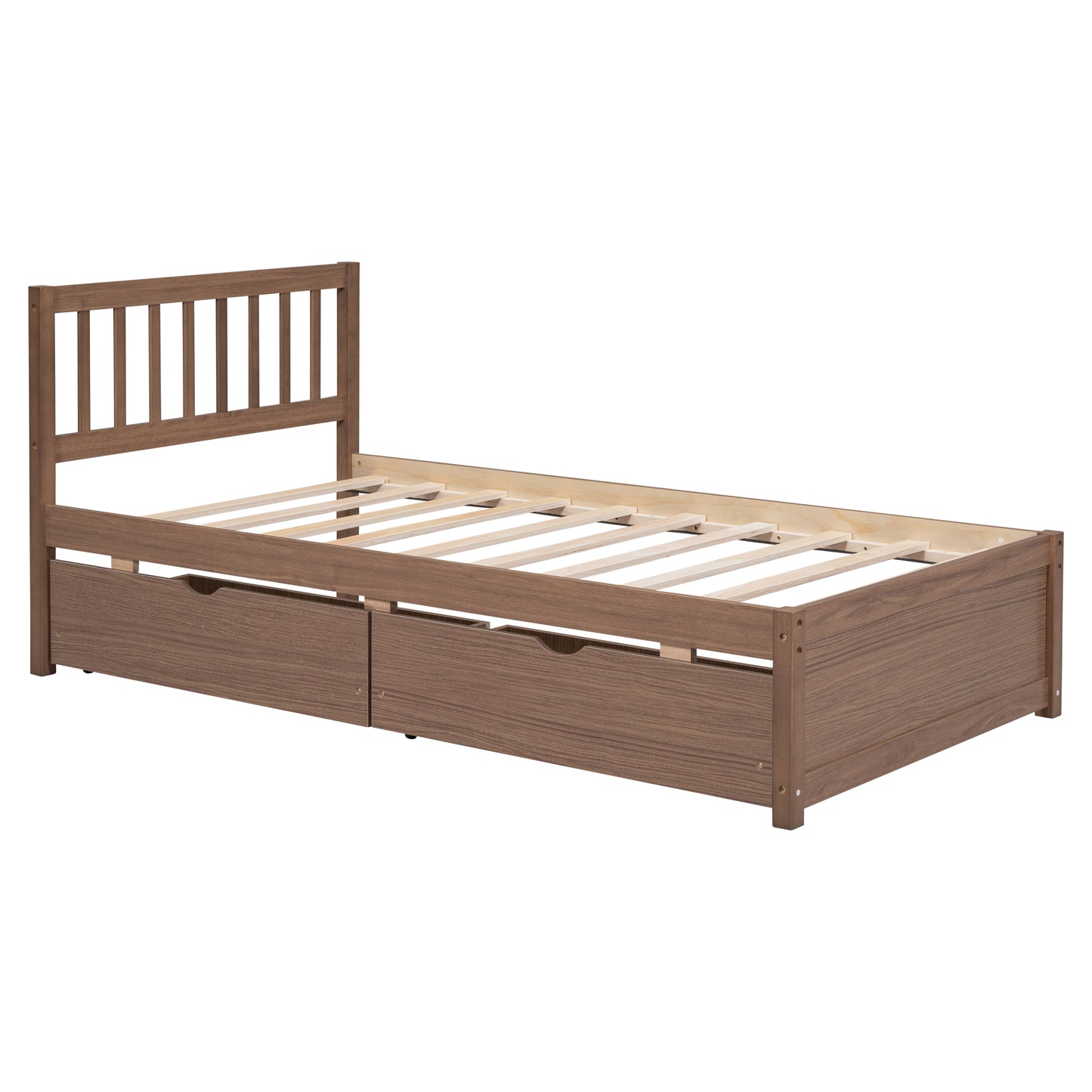 Modern Design Twin Size Platform Bed with 2 Drawers for Walnut Color