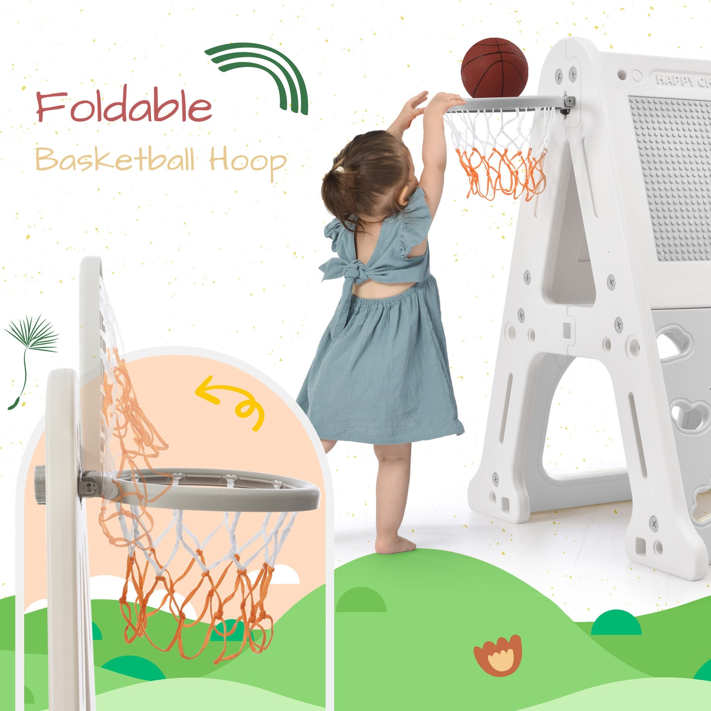 6-in-1 Toddler Climber and Swing Set Kids Playground Climber Swing Playset with Tunnel, Climber, Whiteboard,Toy Building Block Baseplates, Basketball Hoop Combination for Babies