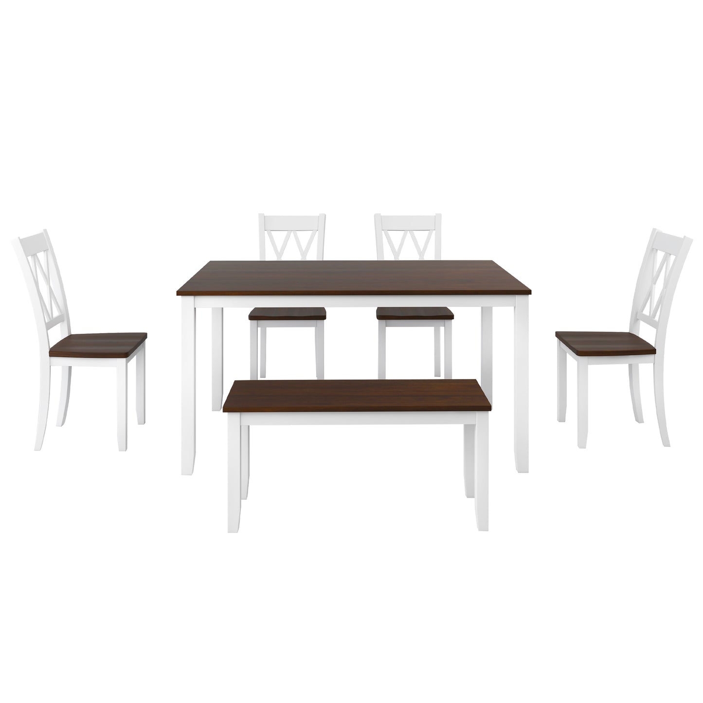 6-piece Wooden Kitchen Table set, Farmhouse Rustic Dining Table set with Cross Back 4 Chairs and Bench,White+Cherry